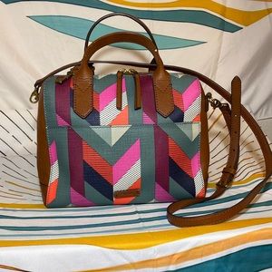 Fossil Fiona Satchel Hand Held Handles or Detachable Crossbody Chevron Pattern